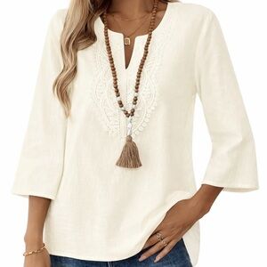 Boho Embroidered Linen Blend Tunic Top 3/4 Sleeve Cream Blouse Size L